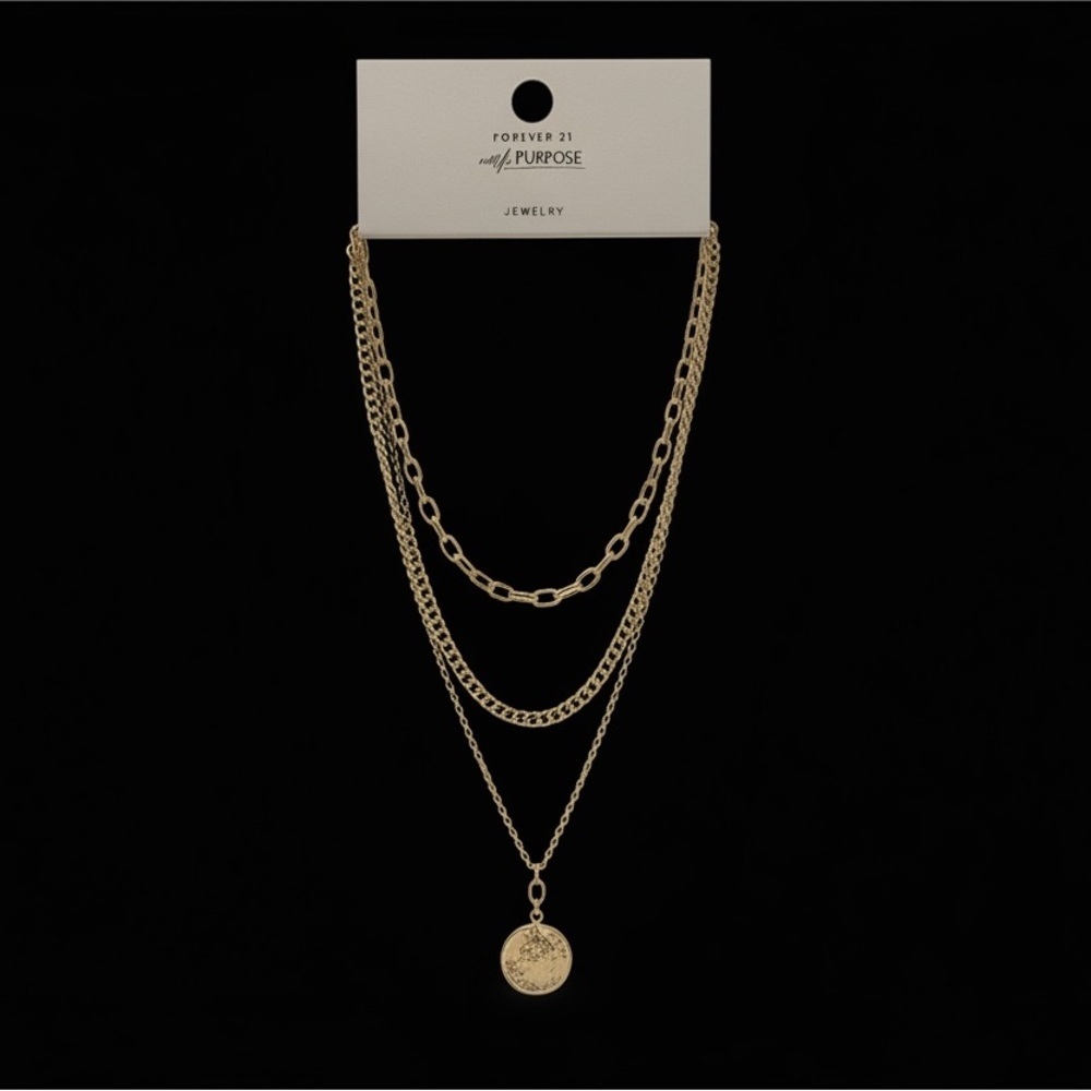 Forever 21 Gold Layered Chain Necklace with Coin Charm – New with Tags